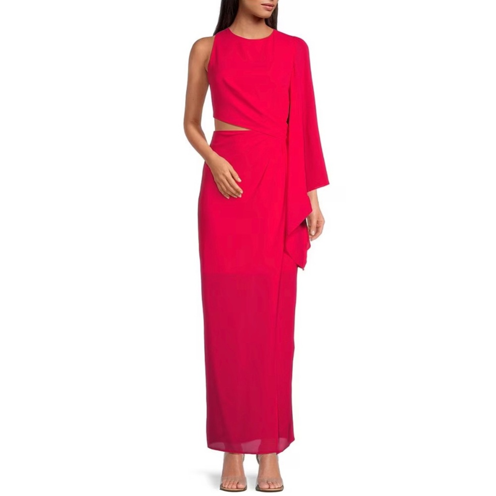 NWT Belle Badgley Mischka Riley One Long Sleeve Coral Pink Sheath Maxi Dress